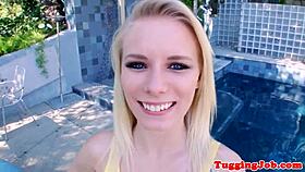 Beautiful teen next door tugs and sucks cute cock outdoors pov