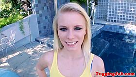 Beautiful teen next door tugs and sucks cute cock outdoors pov