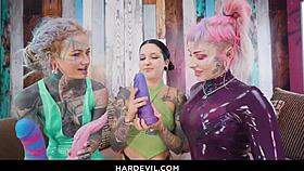 tattooed lesbians stretch anal wide in steamy threesome