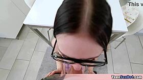 Geeky petite brunette offers her pussy freely all day
