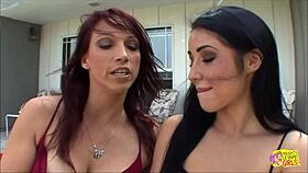 redhead milf teaches skinny brunette slut pussy eating and fingering skills
