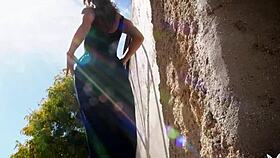 petite milf babe strips lingerie bares small tits outdoors seductively