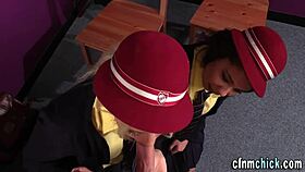 clothed students kneel for teasing clothed handjobs and sucks