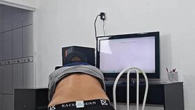 naughty babe greets tech no panties flashes curves teasingly