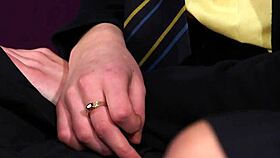 clothed students kneel for teasing clothed handjobs and sucks