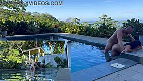 couple's rough outdoor anal creampie and blowjob by pool