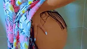 Stunning brazilian brunette babe showers wet in black thong panties