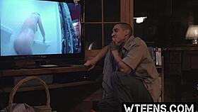 petite blonde in shower gets choked and deepthroated by freaky cock in bathroom