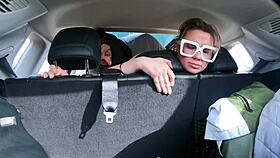 cute brunette milf bent over in car takes deepthroat pounding and rides to cum mouthful