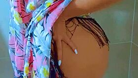 Stunning brazilian brunette babe showers wet in black thong panties