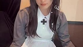 black-haired nurse crossdresser masturbates quietly in private video