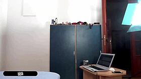 russian receptionist gushes deepthroating inked stud elevator