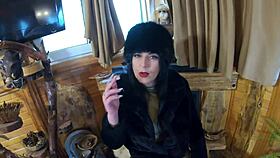 smoking hot tease gives deep blowjob and takes cum on fur coat