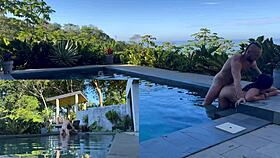 couple's rough outdoor anal creampie and blowjob by pool