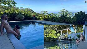 couple's rough outdoor anal creampie and blowjob by pool