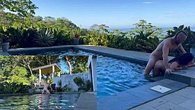 couple's rough outdoor anal creampie and blowjob by pool