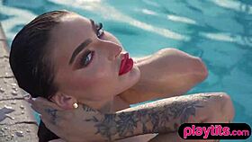 big ass brunette petite strips naked poolside flaunt curves undress beauty 💦🌊