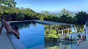 couple's rough outdoor anal creampie and blowjob by pool