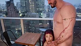 Skinny latina couple moans through balcony pussy licking and fucking