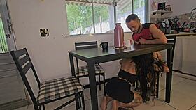 Risky Kitchen Desk Ride with Cute Brazilian Wife and Husband Watching