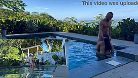 couple's rough outdoor anal creampie and blowjob by pool
