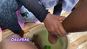 Ebony wife teases cuck hubby in lingerie foot play