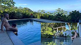 couple's rough outdoor anal creampie and blowjob by pool