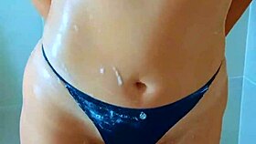 Stunning brazilian brunette babe showers wet in black thong panties