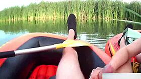 rafting handjob from slutty milf shocks with huge cumload outdoor