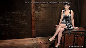 Ebony brunette bound in lezdom gets toy choked deepthroated