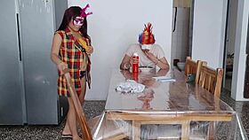 Maid's natural tits stir deep fetish passion