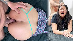 Latin teen student endures painful first anal surprise bent over.