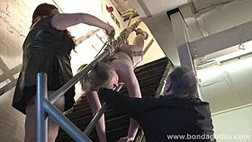 blonde satine sparks bound tight in satin lesbian stairway domination