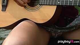 naked blonde anna katarina strips outdoors with guitar