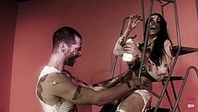 naughty brunette glistens in oil begging for doggy style thrust