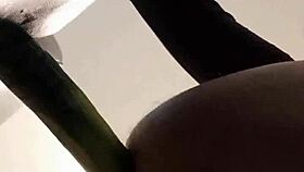 tranny slips huge dildo into pantyhose ass for solo toy fuck frenzy