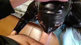 brunette milf kneels to deepthroat big cock then strokes cum explosion