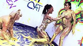 oh man look at these three babes with huge fake tits licking and fingering in hot lesbian action