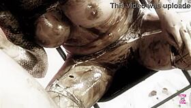 naughty brunette glistens in oil begging for doggy style thrust