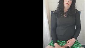 Crossdressing sissy feels so excited dressed in fishnets heels playing with cock exploding huge cumshot