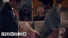 Skinny blonde babe bent over for DP by teacher and older stud