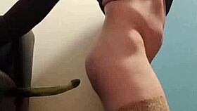 tranny slips huge dildo into pantyhose ass for solo toy fuck frenzy