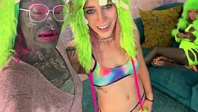 adorable inked girl rides massive dildo in cute punk outfit!