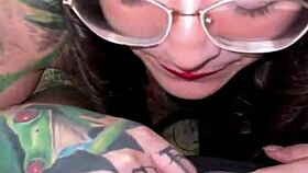 hey this chick's split tongue deepthroats my cock sloppy then takes my cum on her face