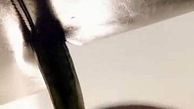 tranny slips huge dildo into pantyhose ass for solo toy fuck frenzy