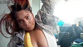 ginger paris playfully sucks banana while massaging her hairy pussy 😏🍌