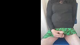 Crossdressing sissy feels so excited dressed in fishnets heels playing with cock exploding huge cumshot