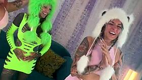 adorable inked girl rides massive dildo in cute punk outfit!
