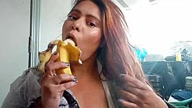 ginger paris playfully sucks banana while massaging her hairy pussy 😏🍌