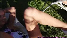 Hot blonde teen licked outdoors with friends 👅🌳